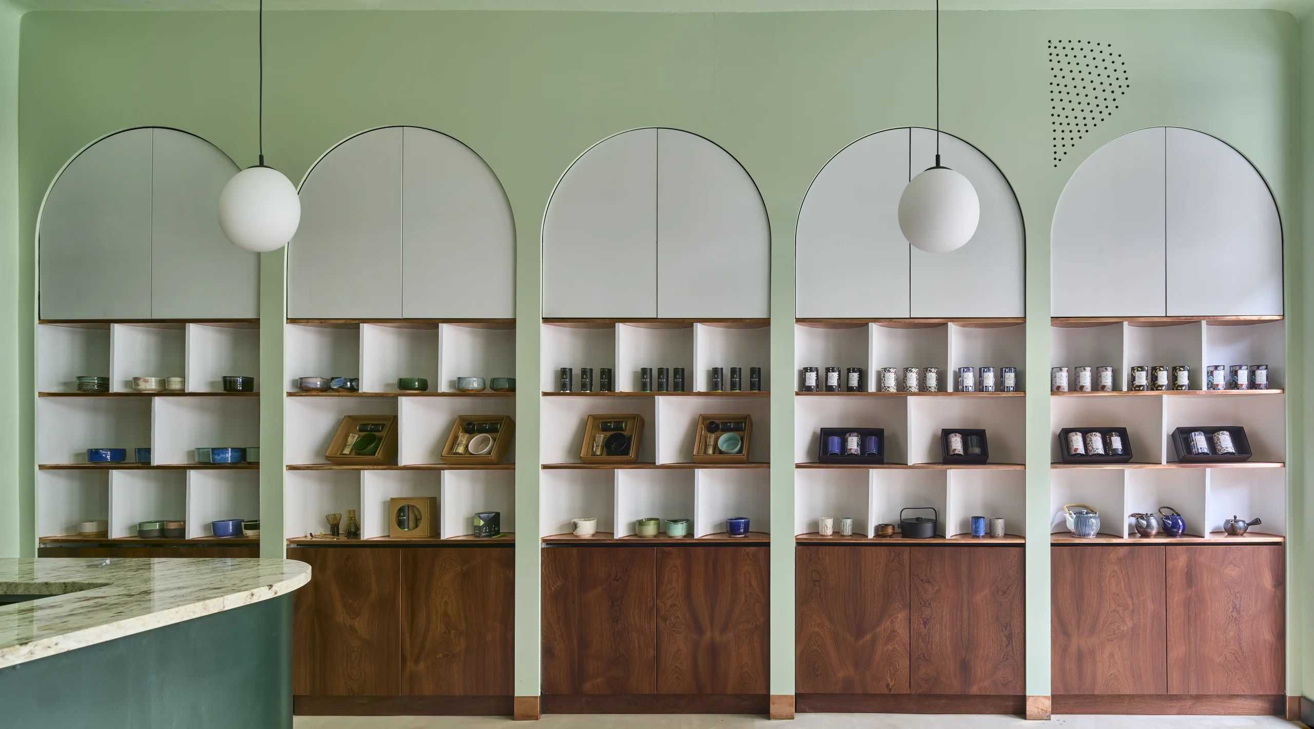 green walls, shelf, tea, tearoom