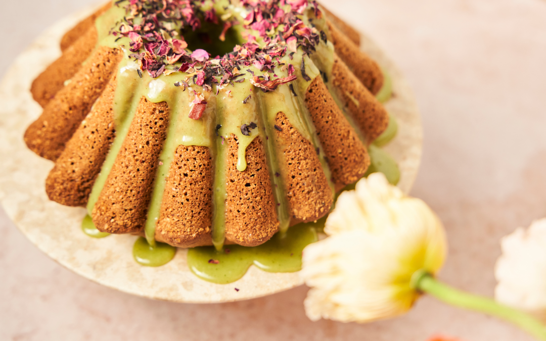 Easter pound cake with green matcha icing